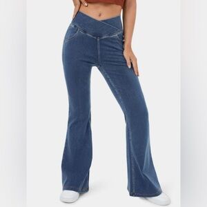 Halara High Waisted Crossover Pocket Washed Stretchy Super Flare Jeans XL tall